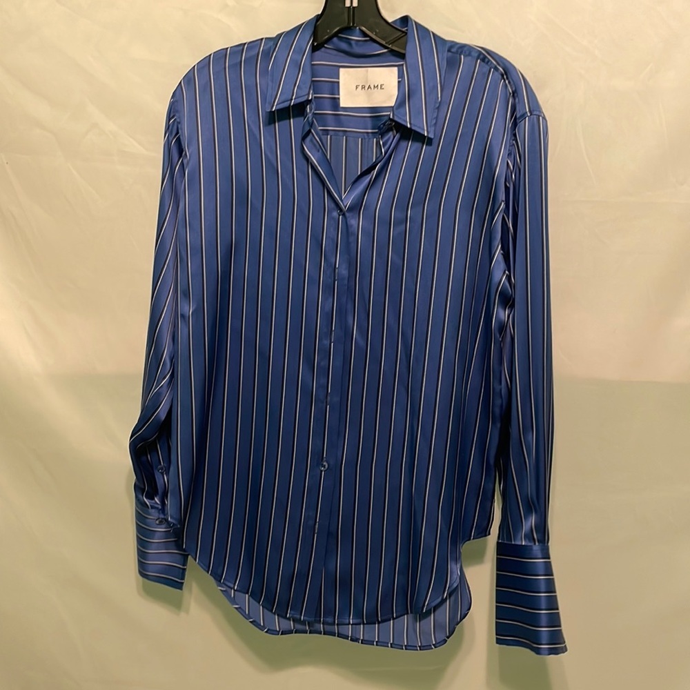 Frame denim blue striped silk button down blouse size small